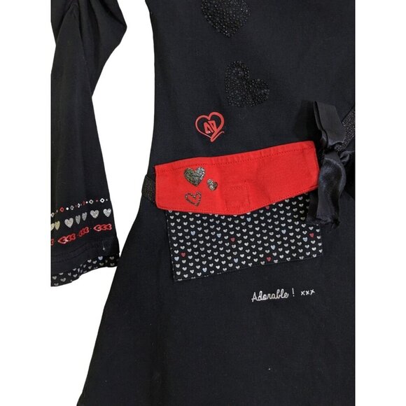 Nano Girls Red Black Dress 5 Embellished Pocket Bow Hearts Long Sleeve Artsy - Picture 2 of 7